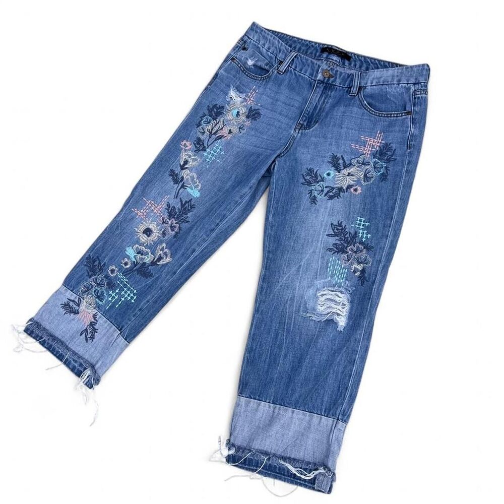 Boho Casual Soft Slouchy Distressed Embroidered Boyfriend Jeans